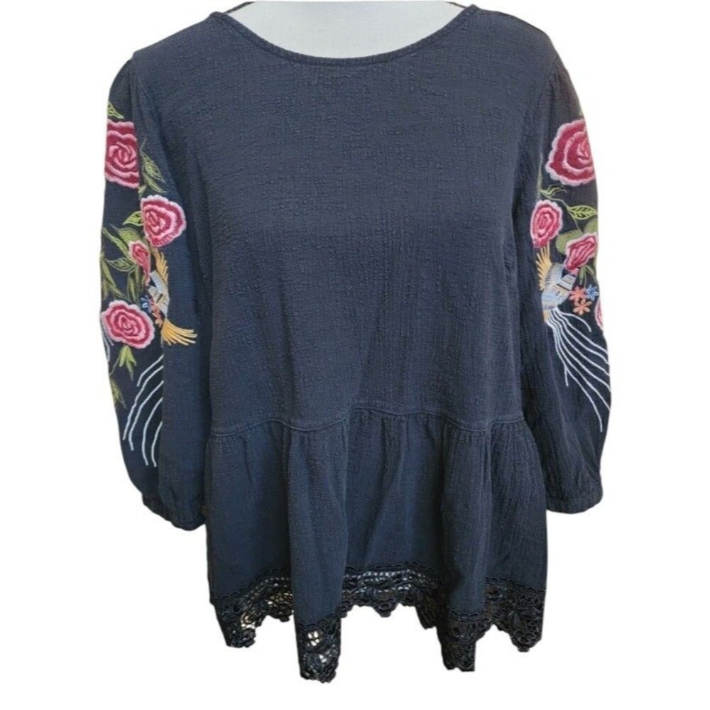 Calessa Embroidered Top Balloon Sleeves Size Large Boho Hippie